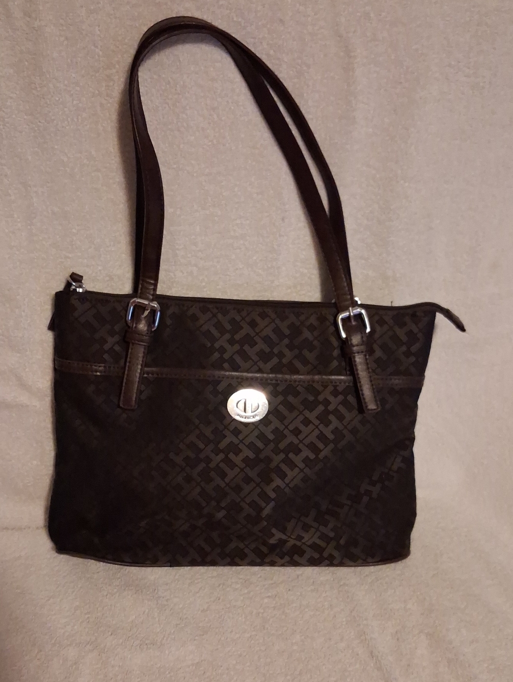 Tommy Hilfiger Chocolate Brown Monogram Shoulder Bag with Silver Logo